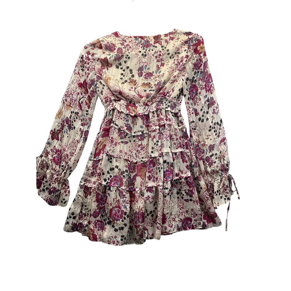 Free People Boho Floral Tiered Mini Dress Smocked Long Sleeve Ruffle V Neck XS - Picture 2 of 15